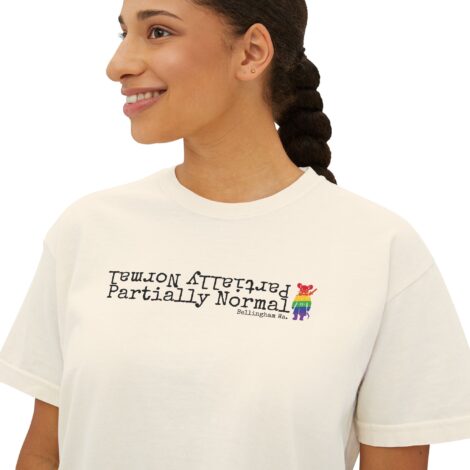"Partially Normal" Women's Boxy Tee – Cute Retro Text & Rainbow LGBTQ DangerRat Logo