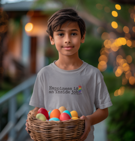 "Happiness is an inside job" Youth T‑Shirt —  Message Tee with Rainbow LGBTQ Rat